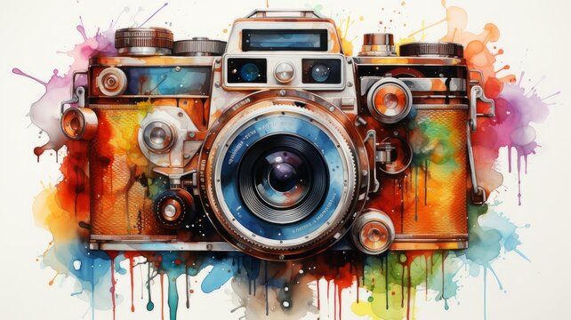 An illustration of an old retro camera in colorful watercolor paints, isolated on a white background