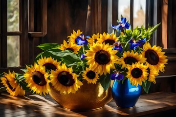 A bouquet of sunflower and iris flowers, placed in a shimmering gold ceramic vase, on a wooden surface, near an open window.