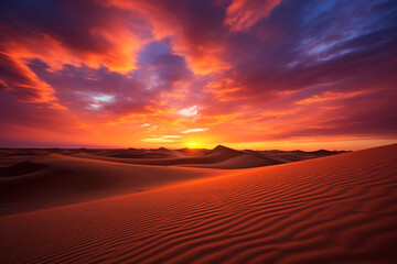 landscape illustration of sunset over sand dunes in the desert. Created with Generative AI