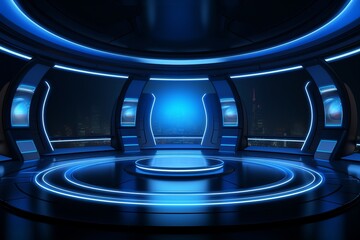 Embracing Retro-Futurism in an Ambient Black Room with Entrancing Blue Lighting