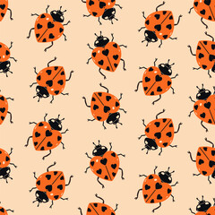 Seamless pattern with ladybugs in the shape of hearts.Vector graphics.