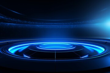 Dark Modernism: Circular Frame on Vivid Blue Backdrop with Bright Lights.