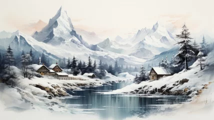 Poster Quiet snow-covered winter landscape with mountains © senadesign