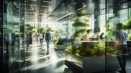Green, sustainable and environmental office space with daily employee rush. Modern and nature friendly startup business with ESG standards and care for worker wellness and healthy environment. - obrazy, fototapety, plakaty