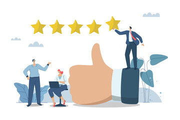 People reviews and feedback ideas, Evaluating in the best credit ratings and customer satisfaction, Team of business people analyzes the reviews or feedback on the organization's products. - obrazy, fototapety, plakaty