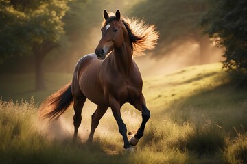 Sunset Majesty: A Horse's Serene Run Through Verdant Meadows
