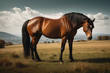 Sovereign of Serenity: Horse Standing Majestically in Tranquil Fields - obrazy, fototapety, plakaty
