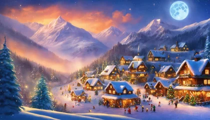  village, town, christmas, xmas, landscape, snowboarding, decoration, winter, house, water, tree, forest, holiday, night, happy, lights, illustration, digital, painting, home, season, star, sky, moon © Giokyan