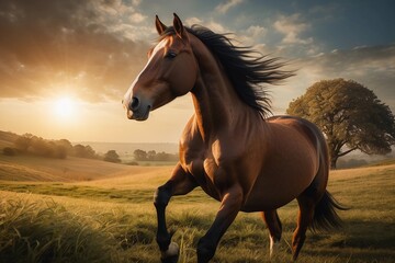 Countryside Serenity: Majestic Horse Galloping in Sunset Glow - obrazy, fototapety, plakaty