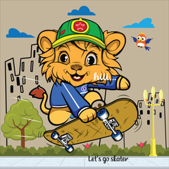 Obraz na płótnie Canvas cute lion playing skateboard cartoon illustration