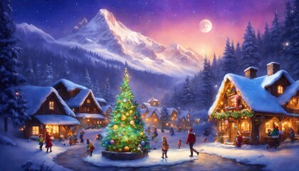 Fototapeta premium village, town, christmas, xmas, landscape, snowboarding, decoration, winter, house, water, tree, forest, holiday, night, happy, lights, illustration, digital, painting, home, season, star, sky, moon