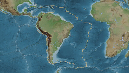 South American plate outlined. Eckert III. Topografic
