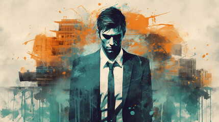 Illustration of businessman wearing suit and tie in abstract mixed grunge colors style. It can represent concepts of revenge, corruption, mafia and dirty business. - obrazy, fototapety, plakaty
