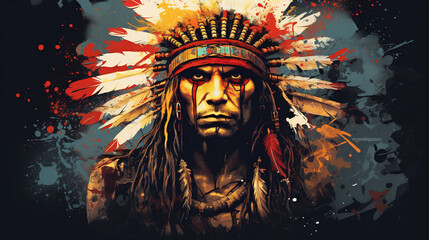 Obraz premium Illustration of native American Indian warrior in abstract mixed grunge colors style.