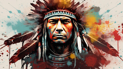 Illustration of native American Indian warrior in abstract mixed grunge colors style. - obrazy, fototapety, plakaty