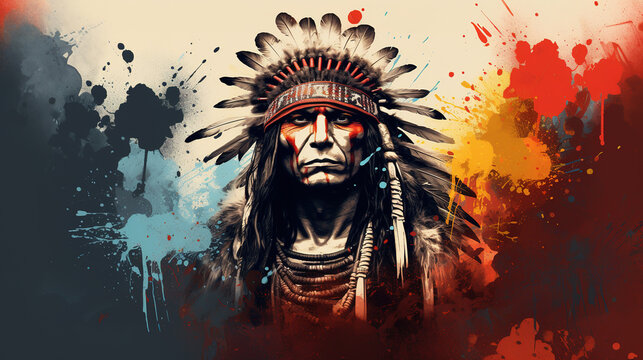 Illustration of native American Indian warrior in abstract mixed grunge colors style.