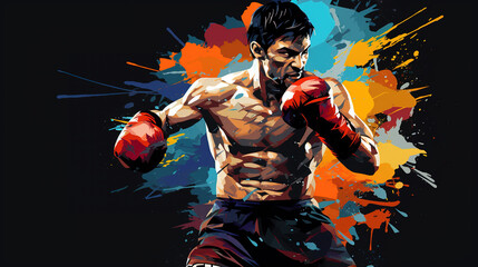 Illustration of boxer in abstract mixed grunge colors style.