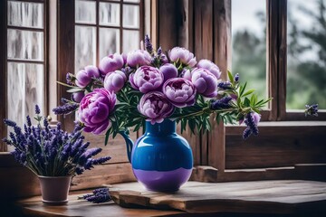 A bouquet of peony and lavender flowers, placed in a lavender ceramic vase, on a wooden surface, near an open window.