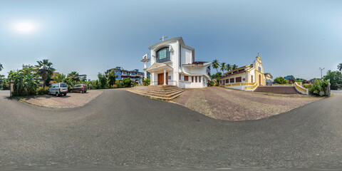 full hdri 360 panorama of modern catholic church in jungle among palm trees in Indian tropic...