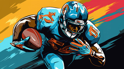 Illustration of cool looking american football player in colorful pop art comic style. - obrazy, fototapety, plakaty