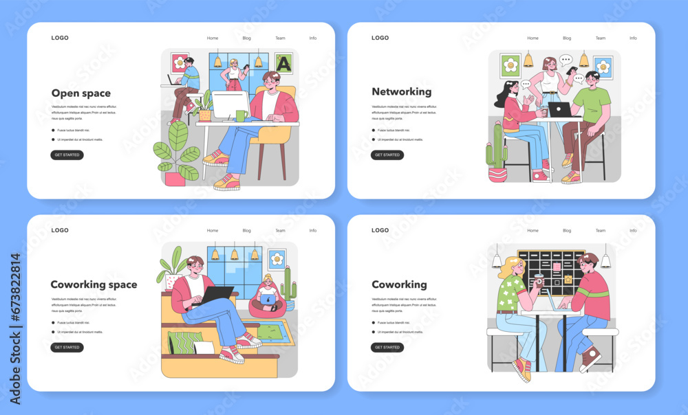 Poster coworking concepts set. professionals in a shared workspace. freelancers in open space, networking e