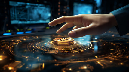 Obraz premium Young Businessman Hand Reaching for a Bitcoin Coin