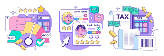 Fototapeta premium Credit card set. Bank-offered financing of purchases. Individual and business credit card. Credit arrangements and rating. Flat vector illustration