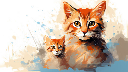 Illustration of orange tabby cat with kitten in mixed grunge color pop art style.