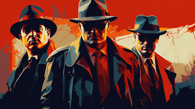 Illustration of cool looking a mafia or gangster in mixed grunge color pop art style.