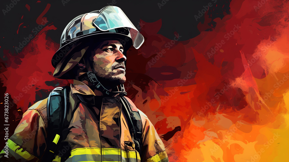 Wall mural Illustration of cool looking firefighter in mixed grunge color pop art style.