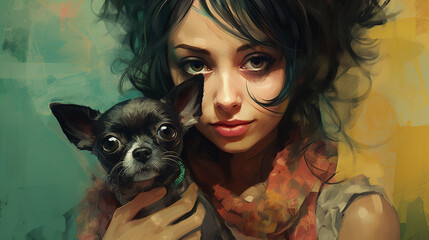 Illustration of beautiful girl with her chihuahua dog in mixed grunge color pop art style.