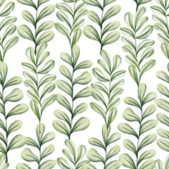 Seamless watercolor floral pattern - green leaves and branches composition on white background, perfect for wallpapers, postcards, greeting cards, wedding invitations, romantic events.