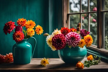 A bouquet of dahlia and tulip flowers, placed in a teal ceramic vase, on a wooden surface, near an...