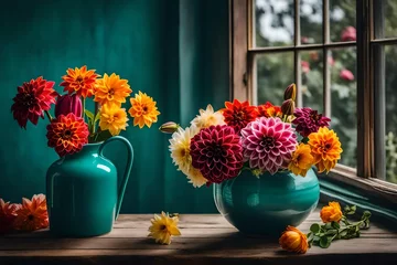 Rolgordijnen A bouquet of dahlia and tulip flowers, placed in a teal ceramic vase, on a wooden surface, near an open window. , © Muhammad