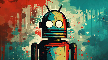 Illustration of cool looking old style robot or android in mixed grunge color pop art style. - obrazy, fototapety, plakaty