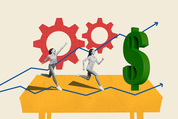 Collage template of successful business people colleagues girls run receive profit for startup...