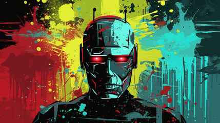 Illustration of cool looking old style robot or android in mixed grunge color pop art style.