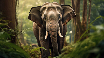 Asian elephant or Elephas maximus indicus roadblock walking head on in summer season and natural...