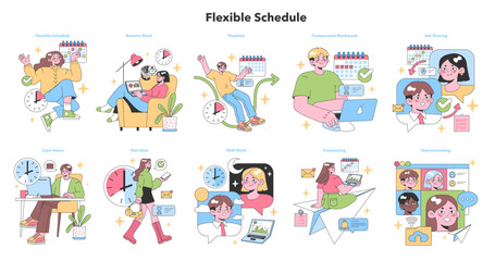 Flexible Schedule set. Professionals enjoying varied work routines. Remote work, compressed workweek, job sharing, freelancing. Telecommuting and core hours. Flat vector illustration
