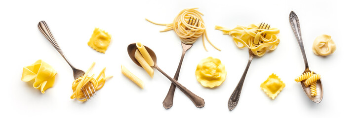 Various pasta forks panorama. Spaghetti, fusilli, penne and other shapes of pasta, overhead flat...