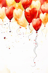 Watercolor Red and Gold Balloons Background with Copy Space
