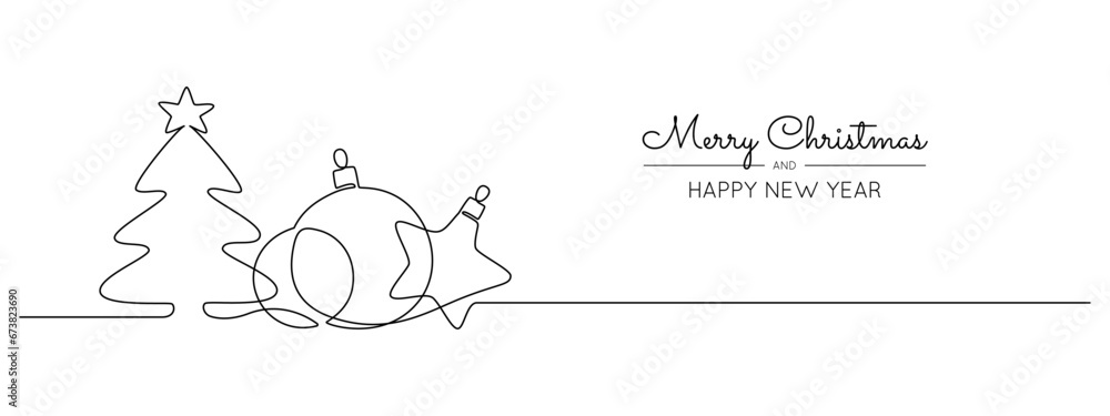 Poster one continuous line drawing of christmas greeting card. festive balls and christmas tree with star f