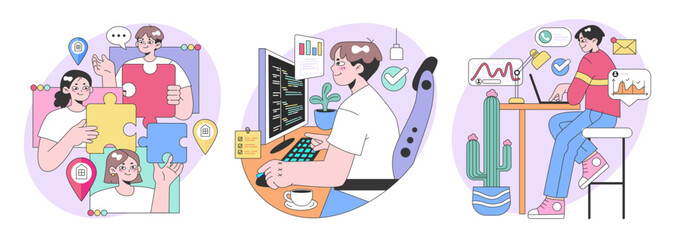 Workday set. Collaborative teamwork with puzzle pieces, focused coder at desk, and diligent worker checking analytics. Messaging, coffee breaks, and strategic planning. Flat vector illustration