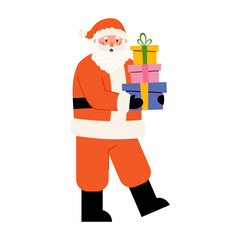Santa Claus character carries gifts in hands. Happy old man in red suit delivers presents. Vector illustration in flat style on white background