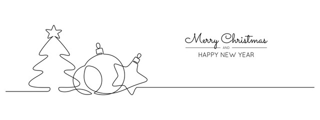 One continuous line drawing of Christmas greeting card. Festive balls and christmas tree with star for winter banner in simple linear style. Xmas decor in editable stroke. Doodle vector illustration