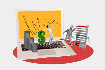 Two business people collage abacus coins count future bank deposit to invest money in startup laptop display isolated on white background