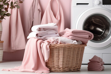 Fototapeta na wymiar Basket with dirty clothes near washing machines in laundry room