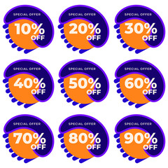 SET SALE TAG BADGE TEMPLATE FLAT COLOR DESIGN. OFFER WITH DIFFERENT DISCOUNT FROM 10, 20, 30, 40, 50, 60, 70, 80, 90 PERCENT OFF.MODERN DESIGN VECTOR FOR YOUR BUSINESS