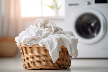 basket with white clothes on the floor in front of a blurry washing machine in the background - obrazy, fototapety, plakaty
