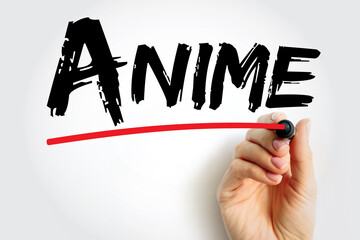 Anime is hand-drawn and computer-generated animation originating from Japan, text concept background